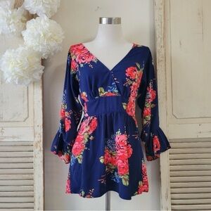 Betsey Johnson Women's Blue Floral Bell Sleeves Belted V-Neck Top Size Medium